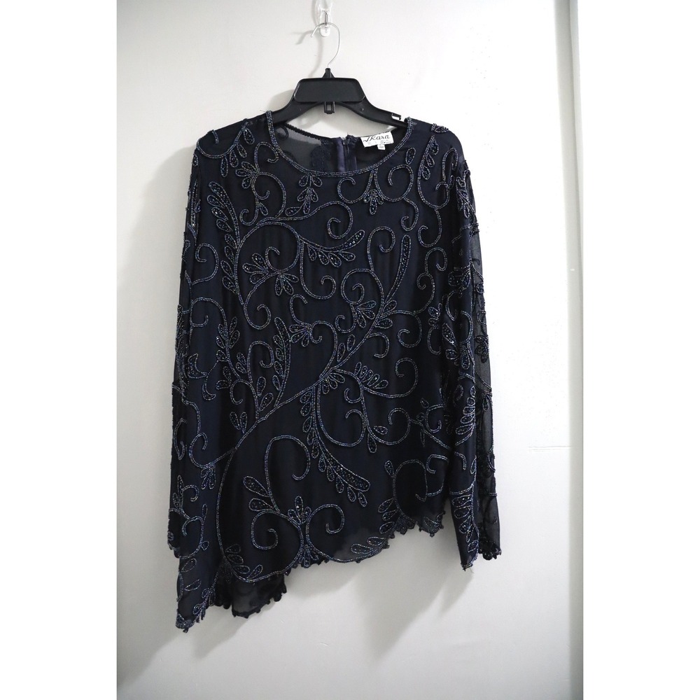 J Kara Navy Blue Beaded Asymmetrical Evening Blouse Petite 18P Iridescent Scroll